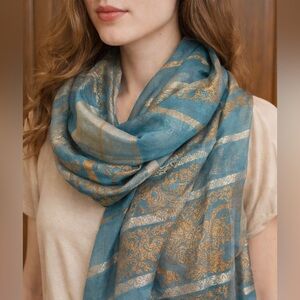 Elegant Blue and Gold Sheer Metallic Scarf